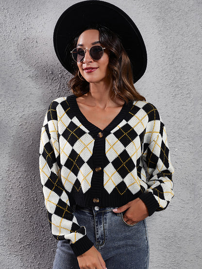 Women'S Elegant Tartan Knit Cardigan, V-Neck Short Length Sweater with Button Detail, Acrylic 100% Long Sleeve Knitwear for Fall/Winter NovaCart