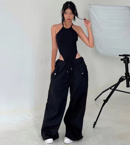 Women's High-Waist Lace-Up Straight-Leg Cargo Pants – Loose Fit FitiqueFit