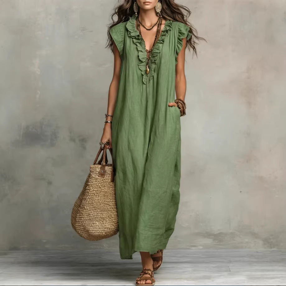 Women's Sleeveless Ruffle Pocket Maxi Dress FitiqueFit