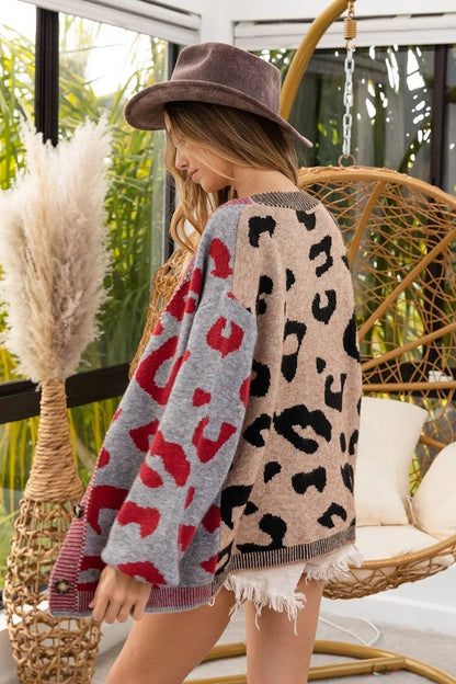 BiBi Leopard Color Block Button Down Sweater Cardigan West2East Surf