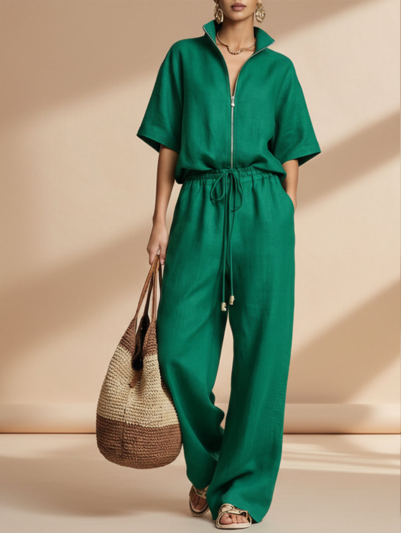 Women's Zip-Up Crew-Neck Top & Wide-Leg Pants Set FitiqueFit