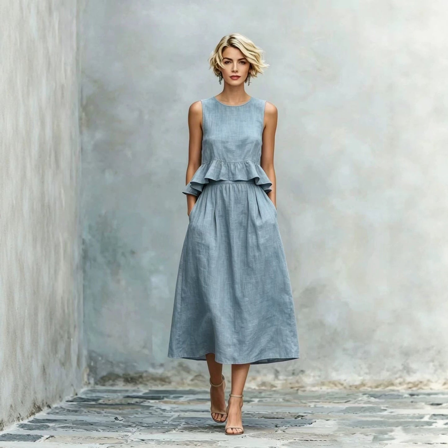 Women's Sleeveless High-Waist Ruffle Trim Maxi Dress FitiqueFit