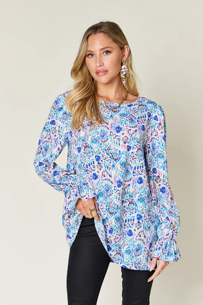 Double Take Full Size Printed Flounce Sleeve Blouse New Era Fashion LLc