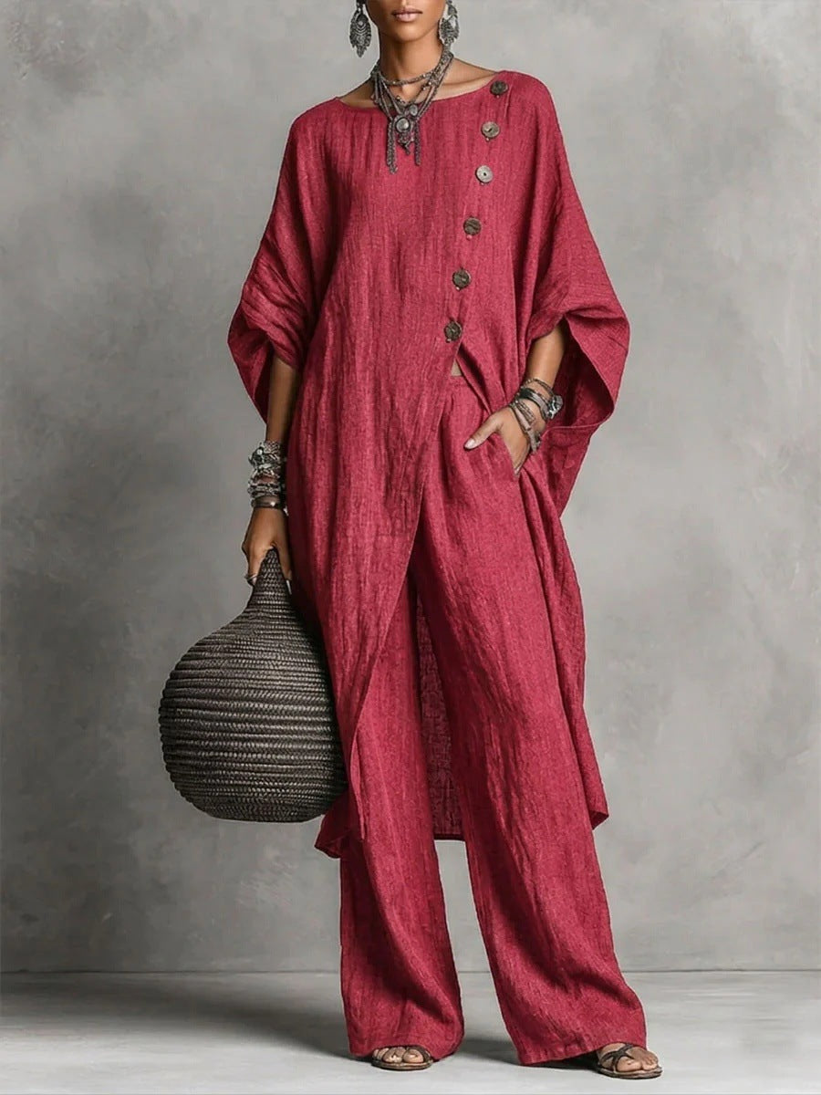 Women's Drop Shoulder Three-Quarter Sleeve Irregular Shirt & Pants Set FitiqueFit