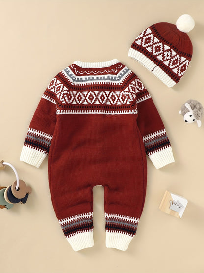 Newborn Infant Geometric Pattern Sweater Romper Long Sleeve Button Jumpsuit & Hat For Toddler Baby Boys And Girls, Suitable For Indoor And Outdoor Wear NovaCart