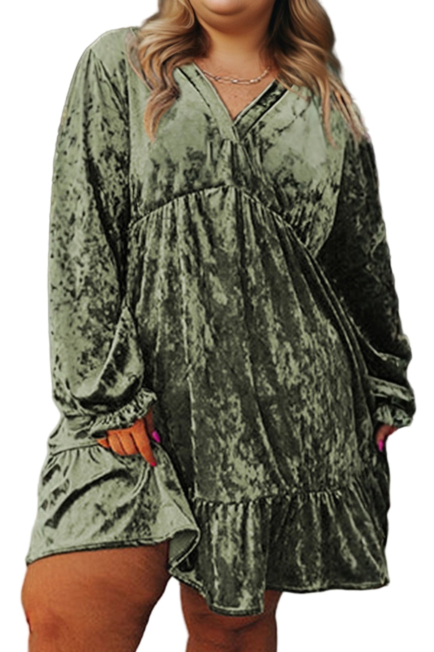 Coffee Plus Size Velvet Babydoll Mini Dress with Puff Sleeve Garden Naked Curves