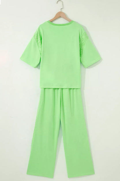Lace Patchwork Half Sleeve Top Elastic Waist Pants Two Piece Set New Era Fashion LLc