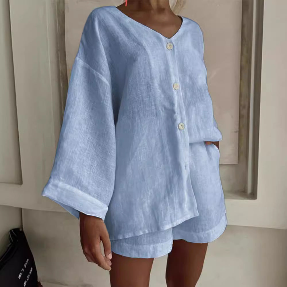 Women's Cotton Linen Shirt & Shorts Set – Long Sleeve, Button, Casual 2-Piece FitiqueFit