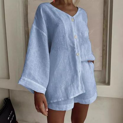 Women's Cotton Linen Shirt & Shorts Set – Long Sleeve, Button, Casual 2-Piece FitiqueFit