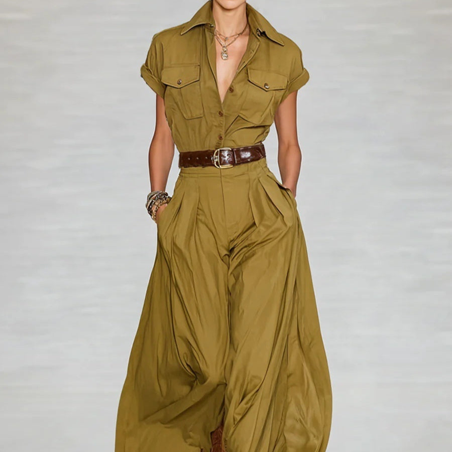 Women's Short-Sleeve Shirt Maxi Dress With Pockets – A-Line Stand Collar FitiqueFit