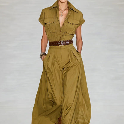 Women's Short-Sleeve Shirt Maxi Dress With Pockets – A-Line Stand Collar FitiqueFit
