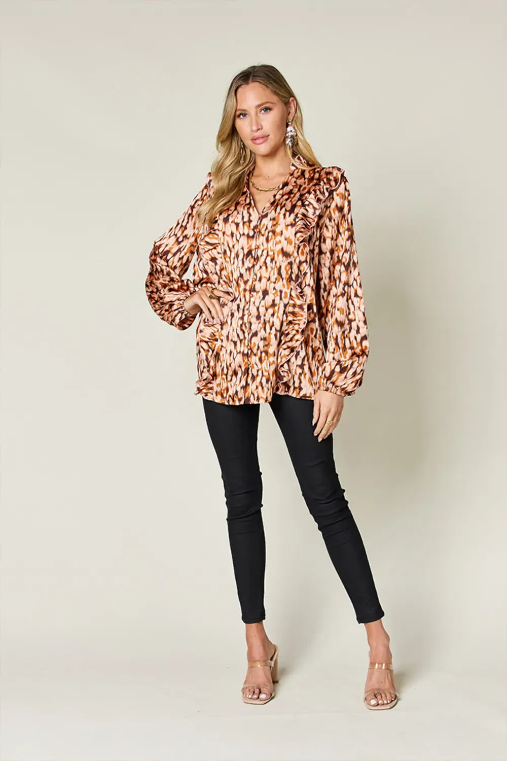 Double Take Full Size Printed Ruffle Trim Balloon Sleeve Shirt New Era Fashion LLc