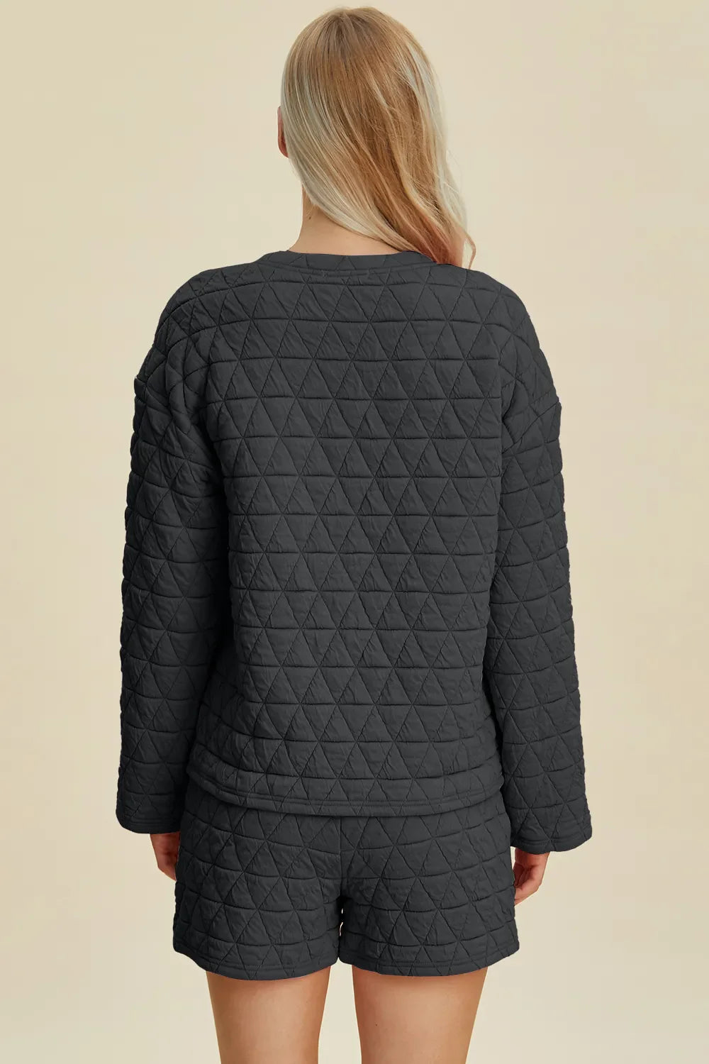 Double Take Full Size Texture Round Neck Long Sleeve Top and Shorts Set West2East Surf