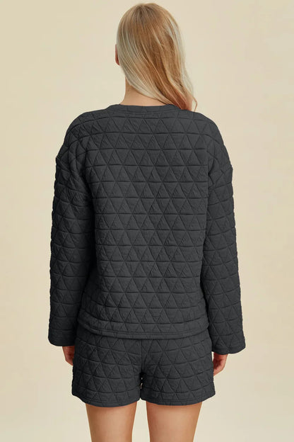 Double Take Full Size Texture Round Neck Long Sleeve Top and Shorts Set West2East Surf