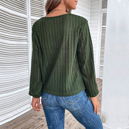Fall V-neck Women's Top Texture Sunken Stripe Long-sleeved Sweater Grayceful LLC
