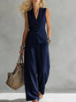 Women's Solid Linen Sleeveless Tank Top & Full-Length Pants Set FitiqueFit