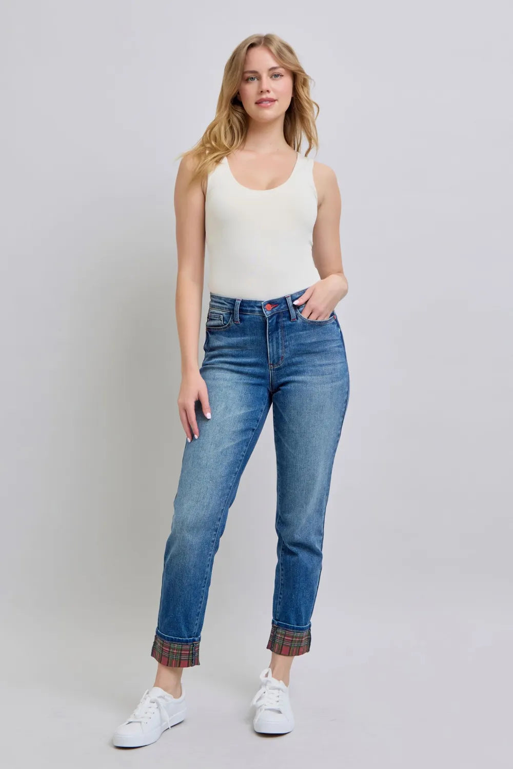 Judy Blue Full Size Plaid Print Cuff Straight Leg Jeans with Pockets New Era Fashion LLc
