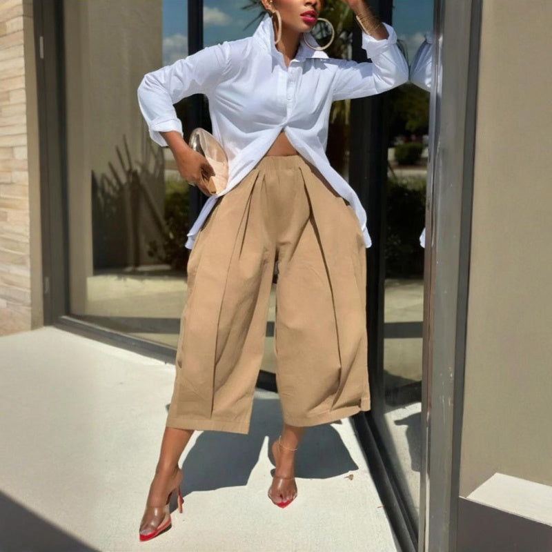 Women's Solid Color Cotton Wide Leg Cropped Pant FitiqueFit
