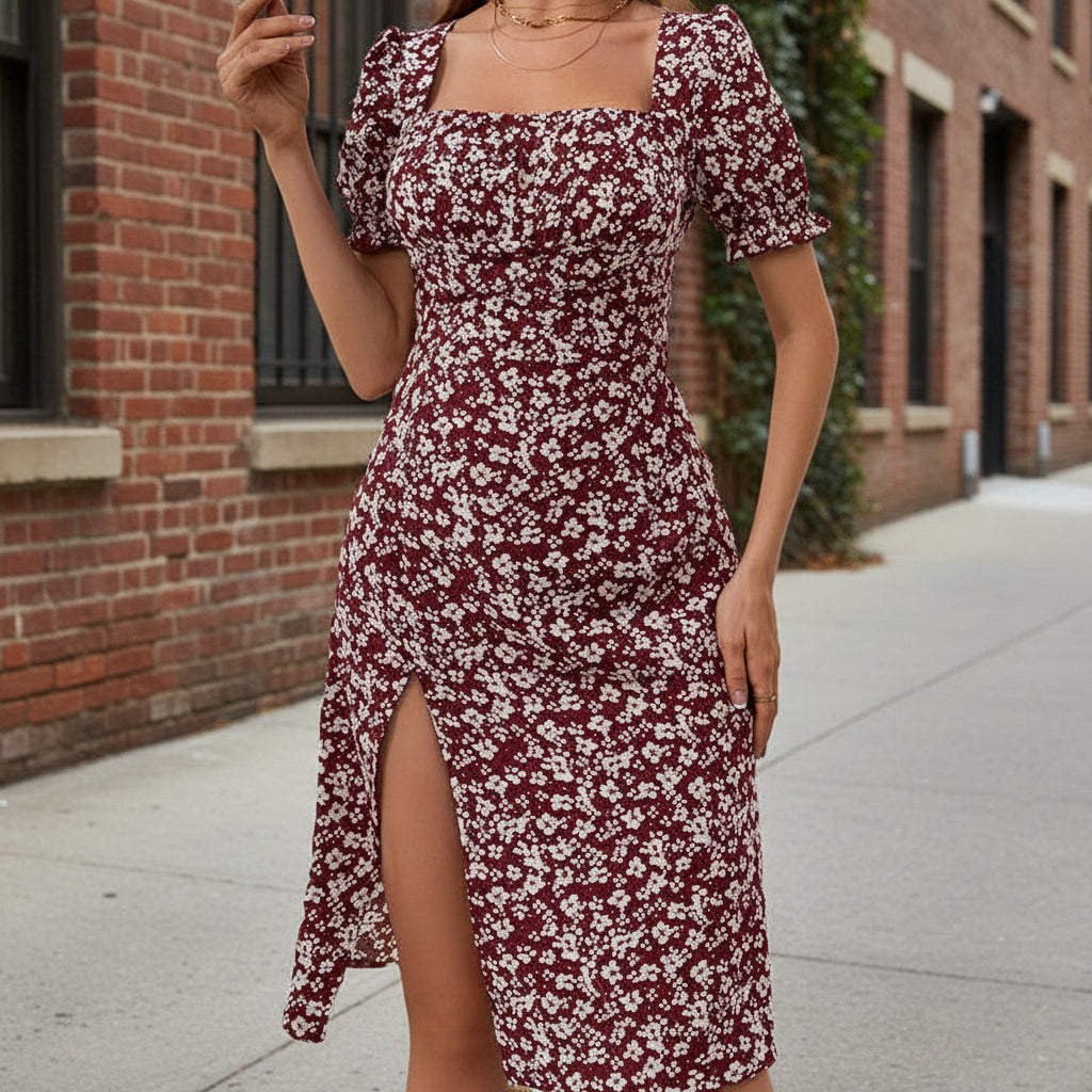 French Style Square Neck Floral Dress | Puff Sleeve A-Line FitiqueFit
