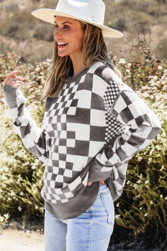 Checker Round Neck Drop Shoulder Sweater Shop Style & More | Fresh Looks, Everyday Deals & Free Shipping