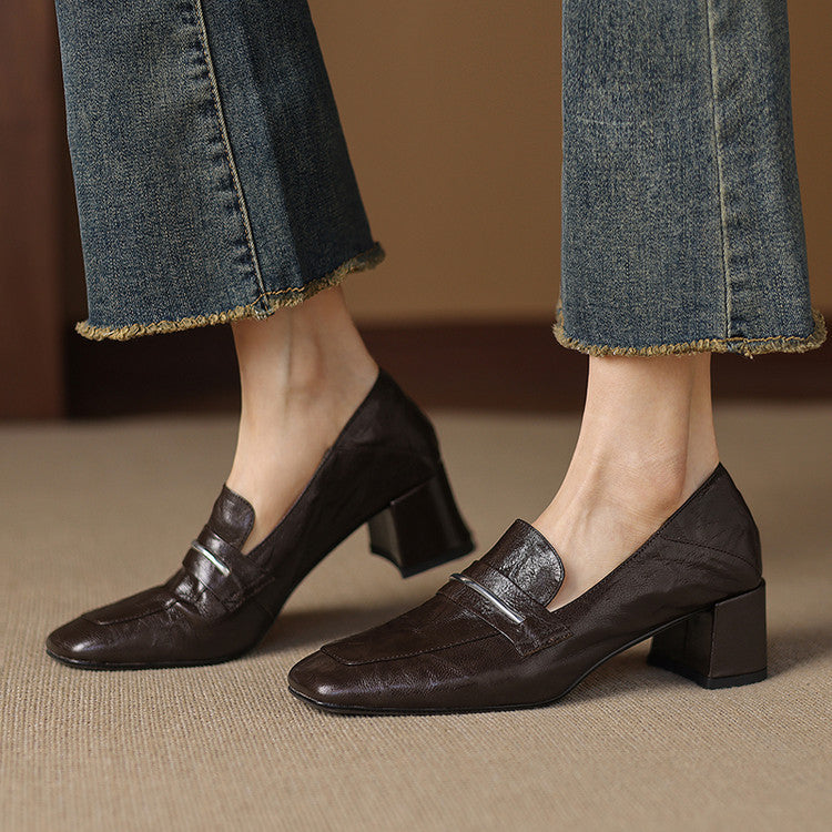 Women’s Sheepskin Square Toe Chunky Heel Pumps FitiqueFit