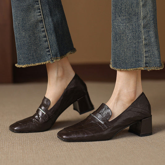 Women’s Sheepskin Square Toe Chunky Heel Pumps FitiqueFit