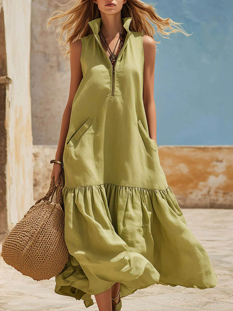 Women's Sleeveless Resort Dress – Loose Fit Zipper Detail FitiqueFit