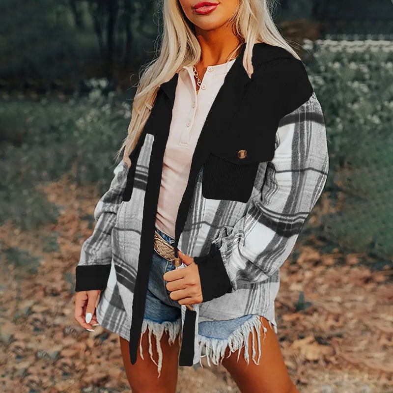 Women's Notch Lapel Check Print Long Sleeve Shirt FitiqueFit