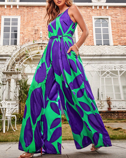 Green Printing Casual Lace Up Jumpsuit Grayceful LLC