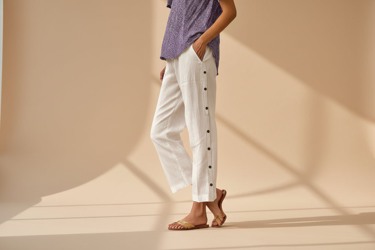 Cropped Pants With Decorative Buttons Along the Side Seams FitiqueFit