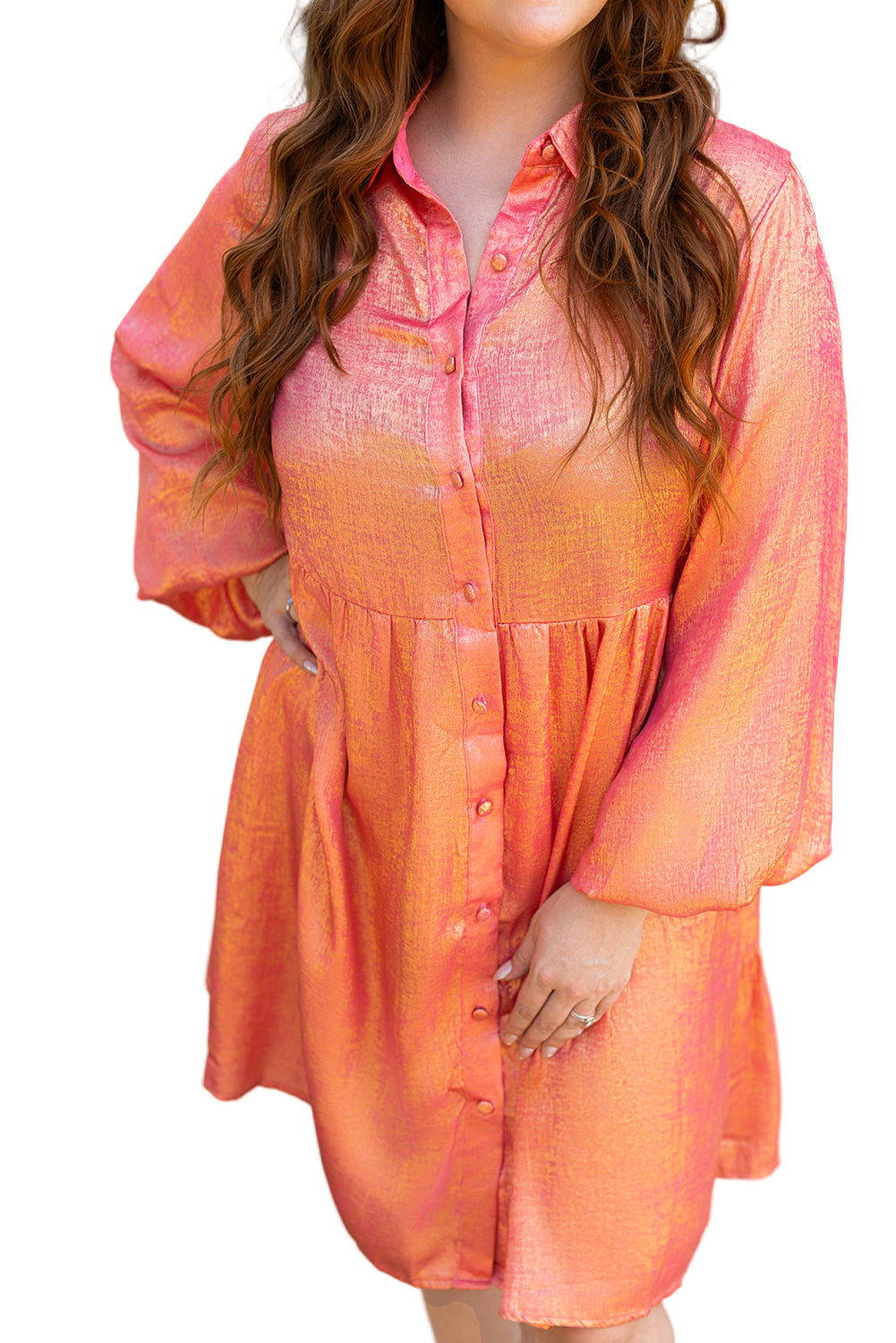 Peach Blossom Metallic Balloon Sleeve Shirt Plus Size Mini Dress Garden Naked Curves
