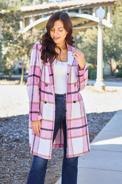 Double Take Full Size Plaid Button Up Lapel Collar Coat West2East Surf