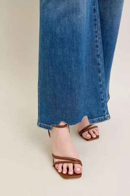 Judy Blue Full Size High Waist Tummy Control Chew Hem Destroy Wide Jeans Plus Size Garden Naked Curves