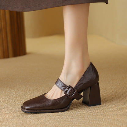 Women's Sheepskin Mary Jane Heels – Square Toe Chunky Heel Buckle Pumps FitiqueFit