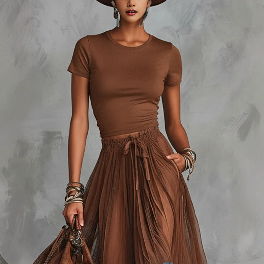 Short-Sleeve Top and Lace-Panel Midi Skirt Set FitiqueFit