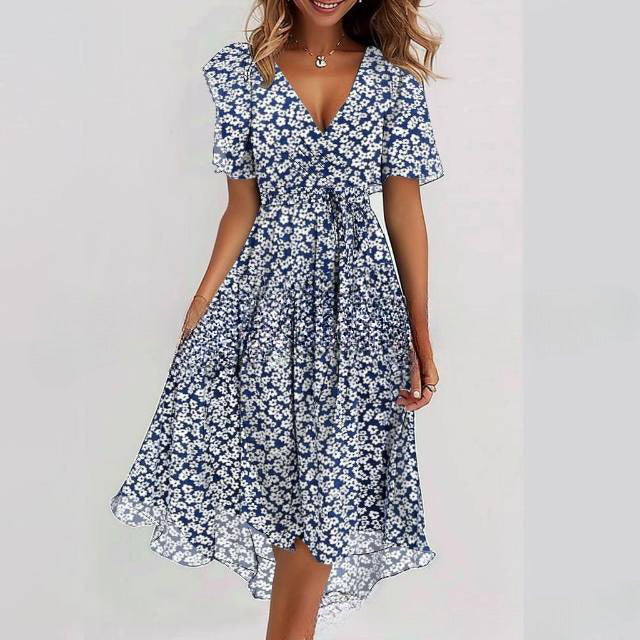 Floral Print A-Line Dress – V-Neck Short Sleeve Midi Dress FitiqueFit