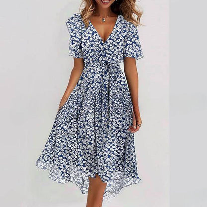 Floral Print A-Line Dress – V-Neck Short Sleeve Midi Dress FitiqueFit