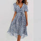 Floral Print A-Line Dress – V-Neck Short Sleeve Midi Dress FitiqueFit