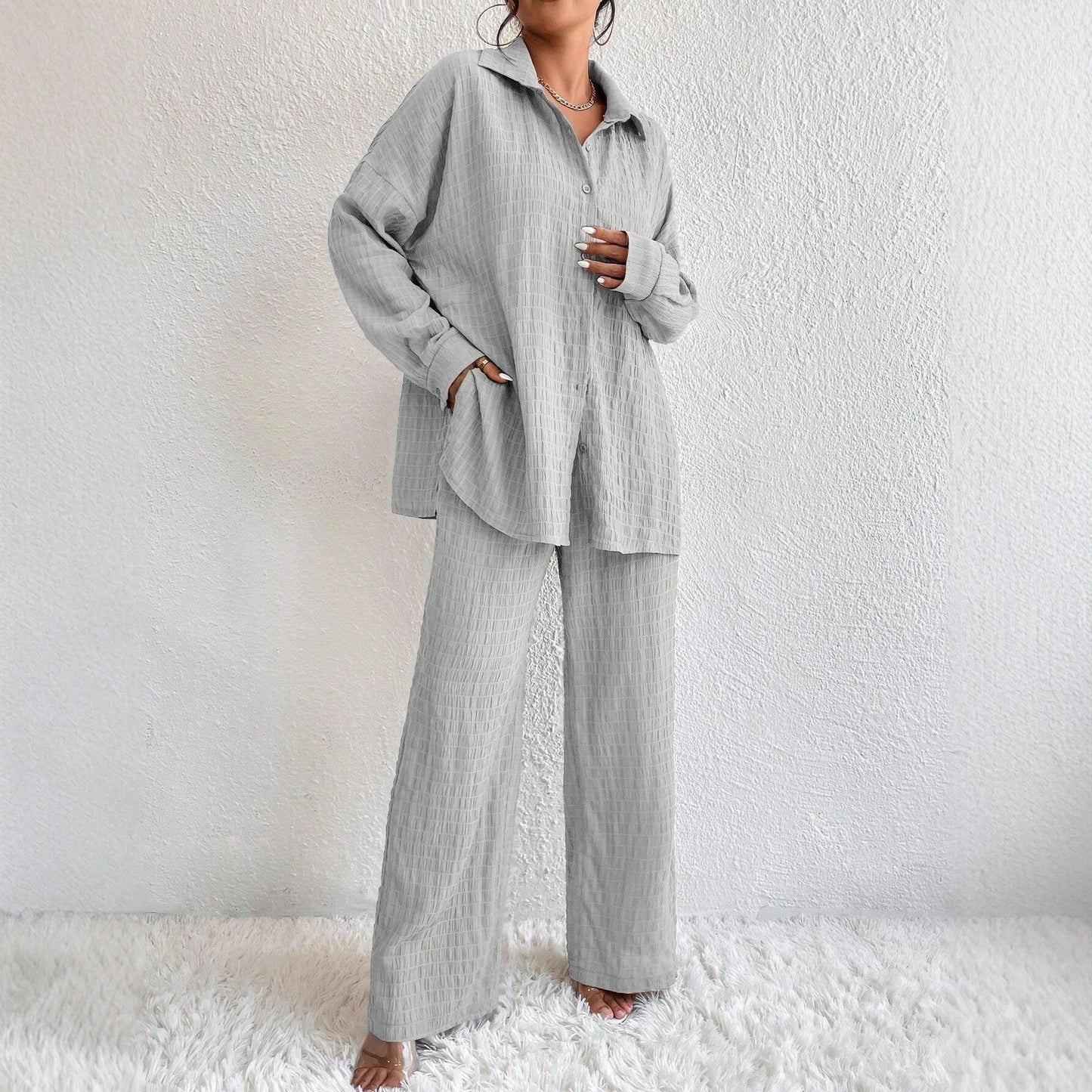 Women's Pleated Long Sleeve Lapel Two-Piece Set – Loose Top & Pants FitiqueFit