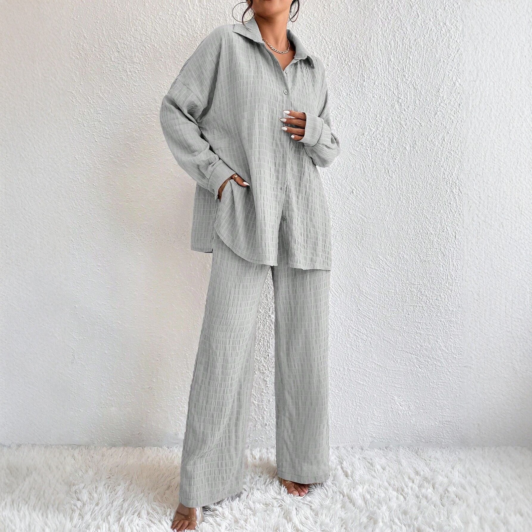 Women's Pleated Long Sleeve Lapel Two-Piece Set – Loose Top & Pants FitiqueFit