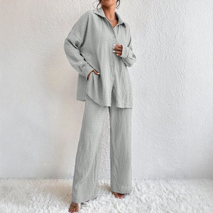 Women's Pleated Long Sleeve Lapel Two-Piece Set – Loose Top & Pants FitiqueFit