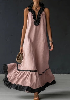 Women's Resort Linen Maxi Dress – Halter Neck Ruffle A-Line Boho FitiqueFit