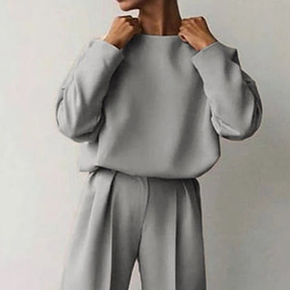 Women’s Solid Color 2-Piece Set – Long Sleeve Top & Pleated Pants Loungewear FitiqueFit