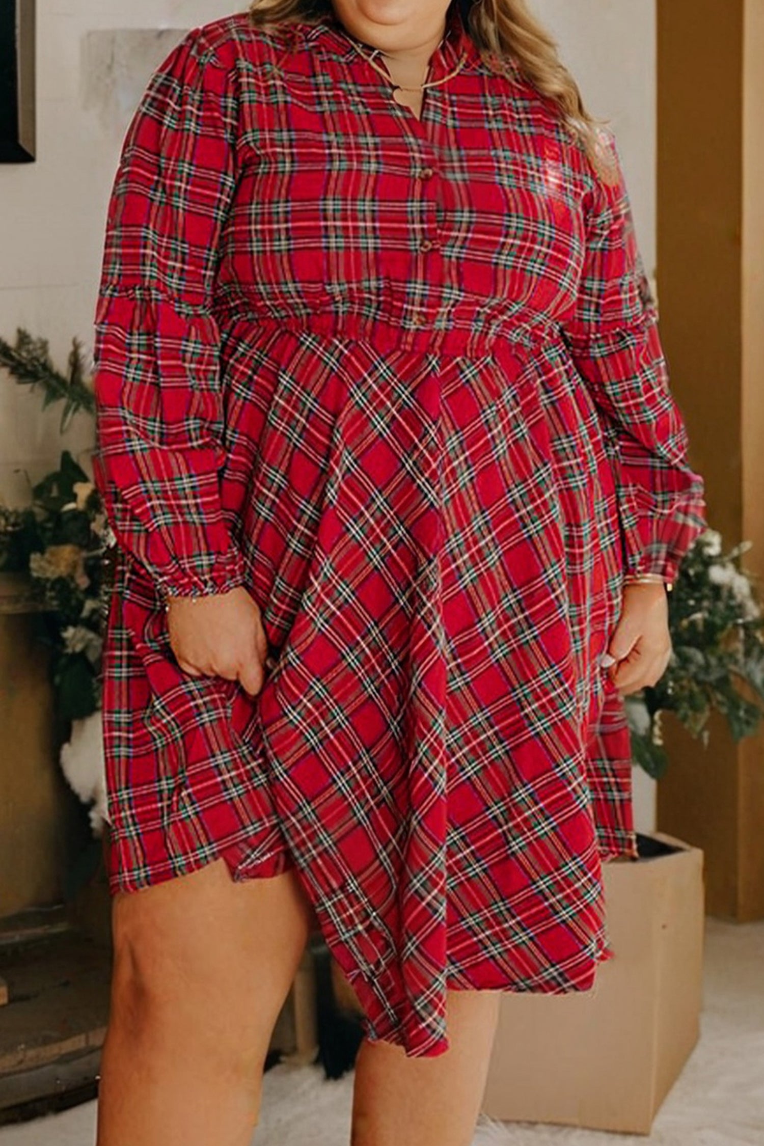Red Plus Size Plaid Half Button Long Sleeve Holiday Dress Garden Naked Curves