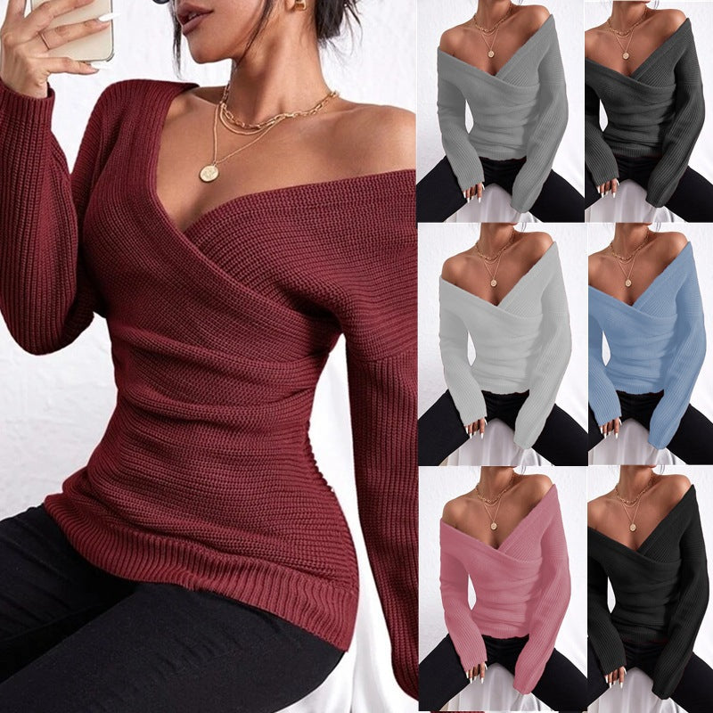 Women's Off-Shoulder Crossover Knit Sweater – Slim Fit Long Sleeve FitiqueFit
