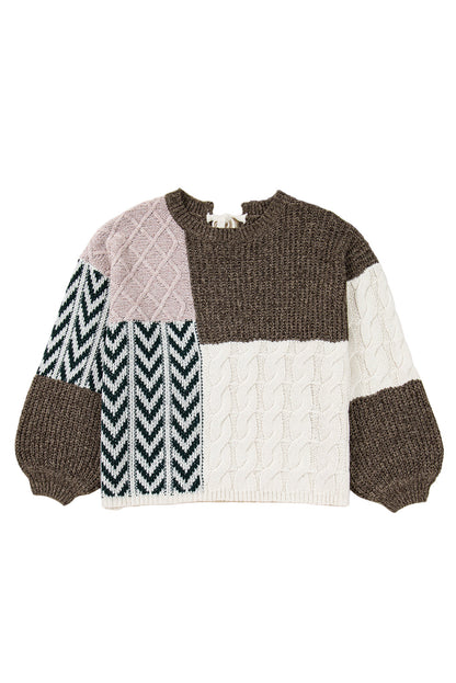 Brown Plus Size Color Block Patchwork Knotted Back Loose Fit Sweater Garden Naked Curves