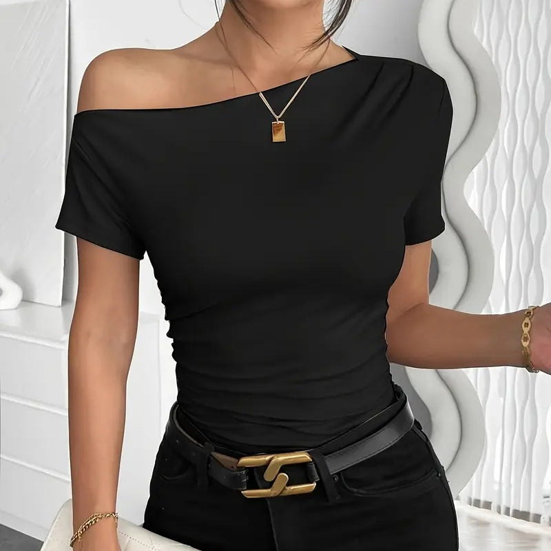 Women’s Y2K Ruched One-Shoulder Summer Top – Slim Fit Asymmetrical Shirt FitiqueFit