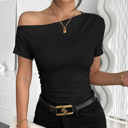 Women’s Y2K Ruched One-Shoulder Summer Top – Slim Fit Asymmetrical Shirt FitiqueFit