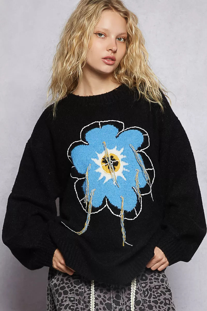 POL Floral Pattern Round Neck Sweater with Exposed Stitching FitiqueFit