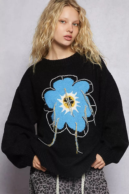 POL Floral Pattern Round Neck Sweater with Exposed Stitching FitiqueFit
